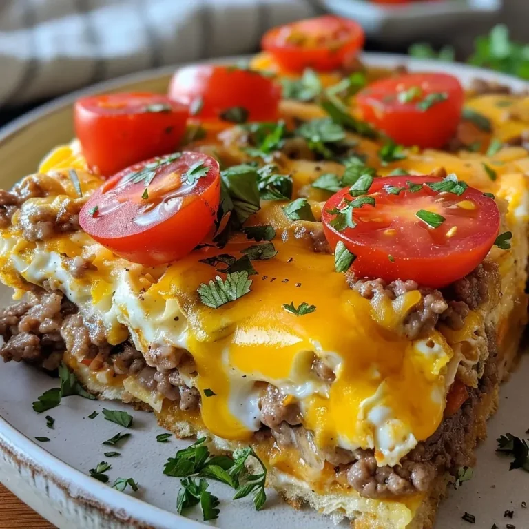 ['Close-up view of a delicious Taco Breakfast Casserole, showcasing layers of beef, cheese, and tomatoes.', 'Side view of a hearty Taco Breakfast Casserole, featuring golden cheese melted over a savory meat base.', 'Juicy Taco Breakfast Casserole with visible layers of bread, ground beef, and colorful tomatoes.', 'A mouthwatering Taco Breakfast Casserole, highlighting its cheesy layers and mixed ingredients.']