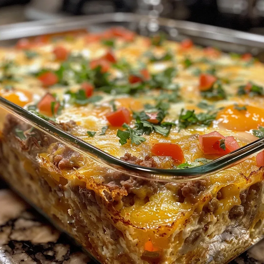 ['Close-up view of a delicious Taco Breakfast Casserole, showcasing layers of beef, cheese, and tomatoes.', 'Side view of a hearty Taco Breakfast Casserole, featuring golden cheese melted over a savory meat base.', 'Juicy Taco Breakfast Casserole with visible layers of bread, ground beef, and colorful tomatoes.', 'A mouthwatering Taco Breakfast Casserole, highlighting its cheesy layers and mixed ingredients.']