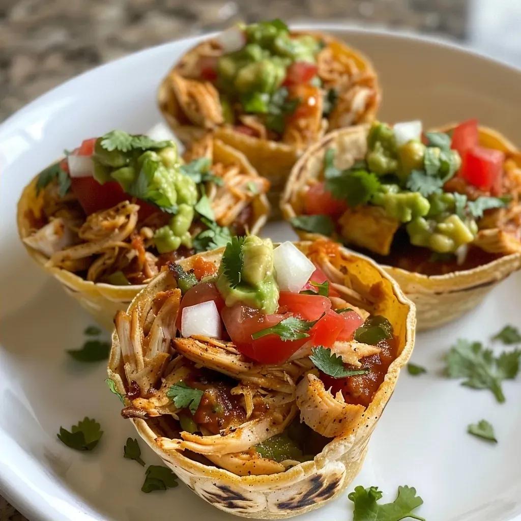 ['Close-up view of Taco Cups filled with ground beef and cheese.', 'Juicy Taco Cups displayed on a surface, showcasing toppings and textures.', 'Side shot of mini flour tortilla cups filled with colorful taco ingredients.', 'Delicious Taco Cups featuring diced tomatoes, onions, and guacamole.']