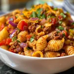 ['A close-up of a delicious serving of Taco Pasta, showcasing colorful ingredients and melted cheese.', 'Juicy Taco Pasta dish in a side view, highlighting ground beef, red bell peppers, and cheese.', 'Bowl of Taco Pasta with medium shells, ground beef, and vibrant vegetables, topped with cheddar cheese.', 'Side view of Taco Pasta, featuring a mix of pasta, beef, and colorful toppings, glistening with cheese.']