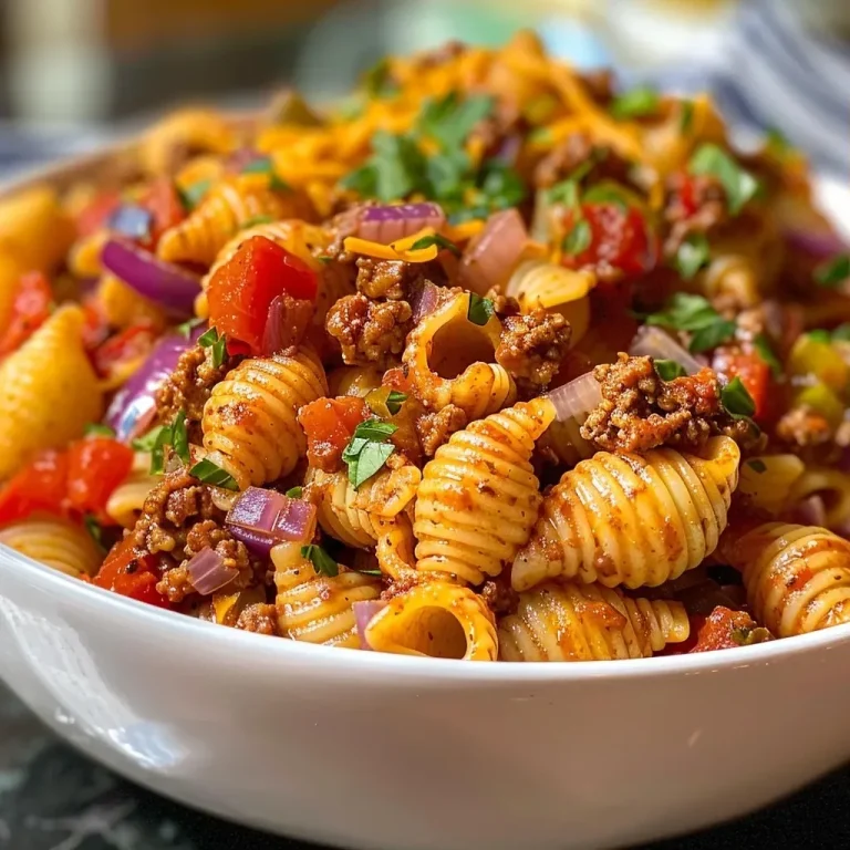 ['A close-up of a delicious serving of Taco Pasta, showcasing colorful ingredients and melted cheese.', 'Juicy Taco Pasta dish in a side view, highlighting ground beef, red bell peppers, and cheese.', 'Bowl of Taco Pasta with medium shells, ground beef, and vibrant vegetables, topped with cheddar cheese.', 'Side view of Taco Pasta, featuring a mix of pasta, beef, and colorful toppings, glistening with cheese.']