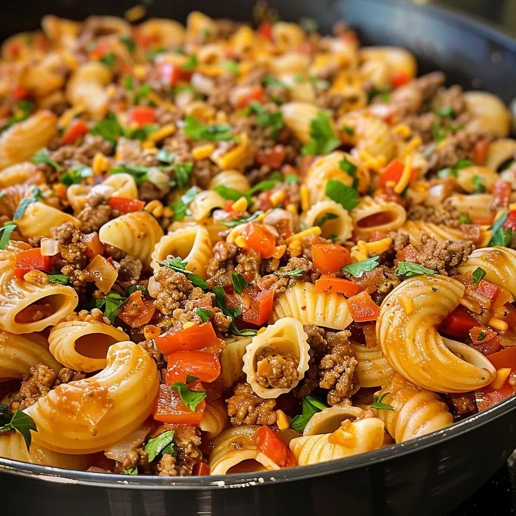 ['A close-up of a delicious serving of Taco Pasta, showcasing colorful ingredients and melted cheese.', 'Juicy Taco Pasta dish in a side view, highlighting ground beef, red bell peppers, and cheese.', 'Bowl of Taco Pasta with medium shells, ground beef, and vibrant vegetables, topped with cheddar cheese.', 'Side view of Taco Pasta, featuring a mix of pasta, beef, and colorful toppings, glistening with cheese.']