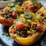 ['A close-up view of taco stuffed peppers filled with ground beef, beans, and cheese.', 'Colorful bell peppers stuffed with a savory mixture of meat, vegetables, and cheese.', 'Juicy taco stuffed peppers with visible layers of ingredients, including rice and seasoning.', 'Side view of vibrant taco stuffed peppers showcasing melted cheese and fresh ingredients.']