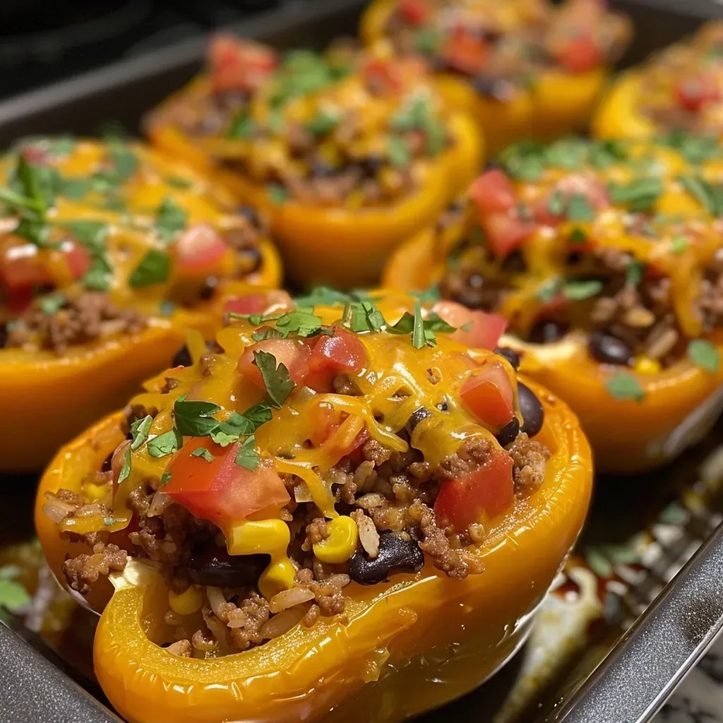 ['A close-up view of taco stuffed peppers filled with ground beef, beans, and cheese.', 'Colorful bell peppers stuffed with a savory mixture of meat, vegetables, and cheese.', 'Juicy taco stuffed peppers with visible layers of ingredients, including rice and seasoning.', 'Side view of vibrant taco stuffed peppers showcasing melted cheese and fresh ingredients.']
