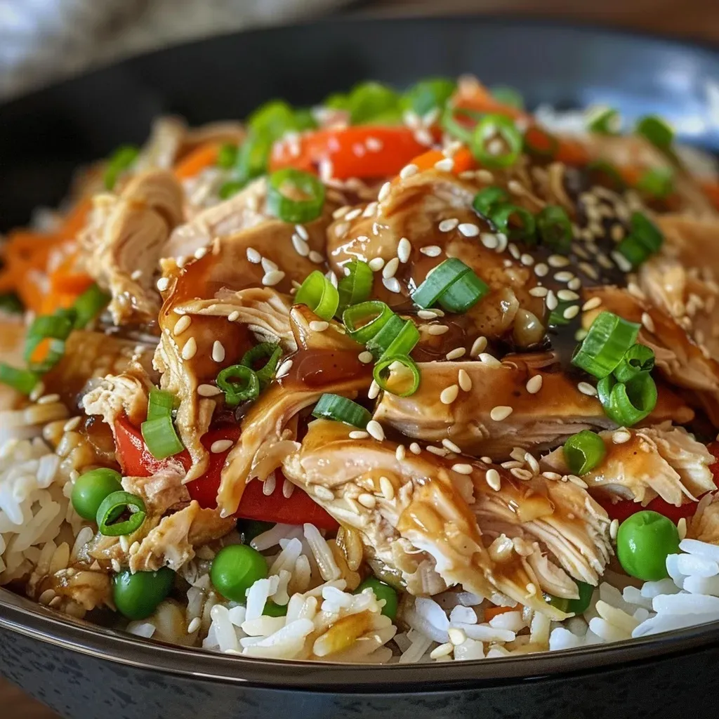 ['Close-up side view of a Teriyaki Chicken and Rice Casserole topped with sesame seeds and sliced green onions.', 'Juicy Teriyaki Chicken and Rice Casserole in a dish, showcasing colorful vegetables and glistening sauce.', 'Serving of Teriyaki Chicken and Rice Casserole with shredded chicken and vibrant vegetables, viewed from the side.', 'Delicious Teriyaki Chicken and Rice Casserole displaying a mix of rice, chicken, and garnishing ingredients.']