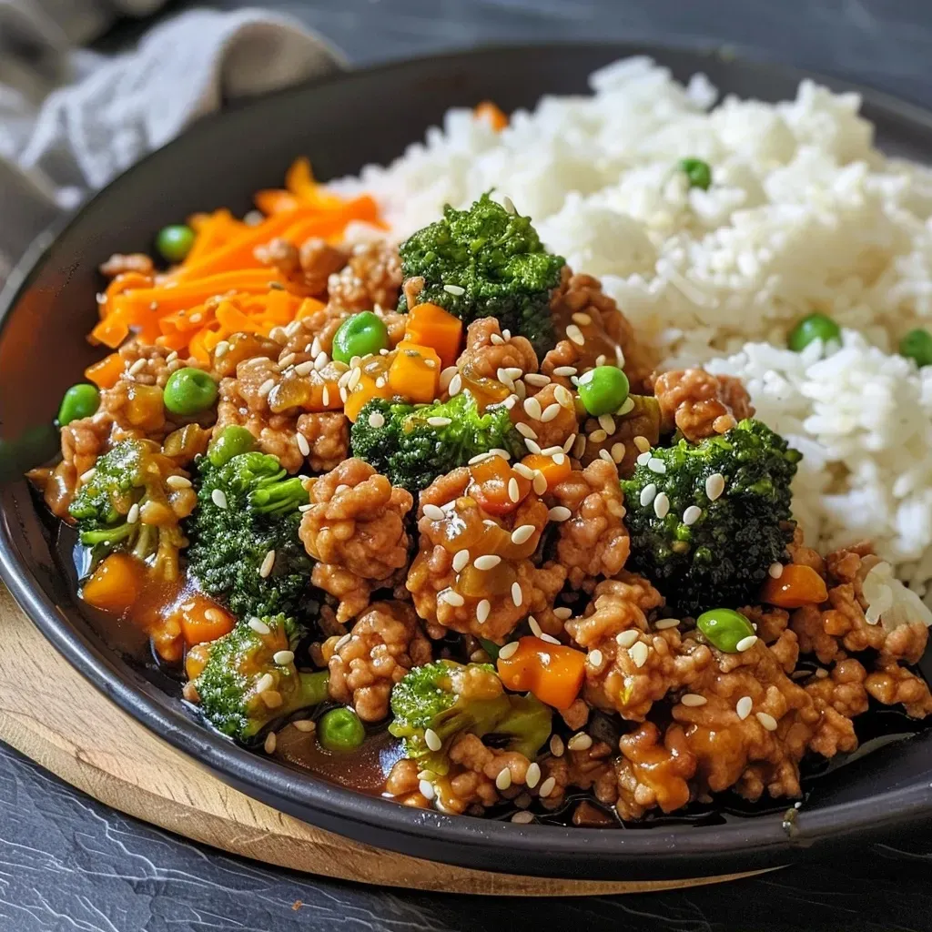 ['A side view of a plate filled with Teriyaki Ground Turkey, broccoli, and peas.', 'Close-up shot of juicy Teriyaki Ground Turkey with vibrant broccoli and peas.', 'A colorful dish featuring ground turkey cooked in teriyaki sauce, broccoli, and peas.', 'A detailed side view of Teriyaki Ground Turkey, showcasing bright green vegetables.']