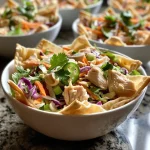 ['Close-up side view of Thai Chicken Salad served in crispy wonton cups, garnished with fresh herbs.', 'Juicy Thai Chicken Salad filled in wonton cups, showcasing vibrant ingredients like carrots and cilantro.', 'Wonton cups filled with colorful Thai Chicken Salad, featuring shredded chicken and green herbs.', 'Crispy wonton cups overflowing with Thai Chicken Salad, highlighting various textures and colors.']