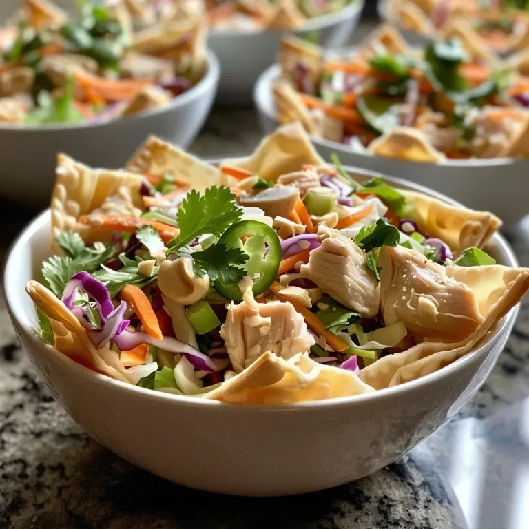['Close-up side view of Thai Chicken Salad served in crispy wonton cups, garnished with fresh herbs.', 'Juicy Thai Chicken Salad filled in wonton cups, showcasing vibrant ingredients like carrots and cilantro.', 'Wonton cups filled with colorful Thai Chicken Salad, featuring shredded chicken and green herbs.', 'Crispy wonton cups overflowing with Thai Chicken Salad, highlighting various textures and colors.']