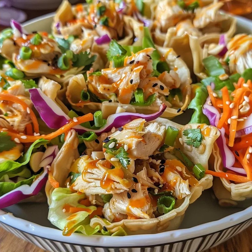 ['Close-up side view of Thai Chicken Salad served in crispy wonton cups, garnished with fresh herbs.', 'Juicy Thai Chicken Salad filled in wonton cups, showcasing vibrant ingredients like carrots and cilantro.', 'Wonton cups filled with colorful Thai Chicken Salad, featuring shredded chicken and green herbs.', 'Crispy wonton cups overflowing with Thai Chicken Salad, highlighting various textures and colors.']