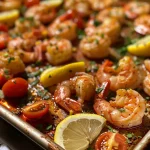 ['Juicy Old Bay sheet pan shrimp with corn and tomatoes on a white plate.', 'Close-up of seasoned shrimp, corn kernels, and cherry tomatoes on a baking sheet.', 'Vibrant old bay shrimp dish featuring fresh corn and bright red tomatoes.', 'Colorful assortment of shrimp, corn, and tomatoes garnished with chives and lemon.']