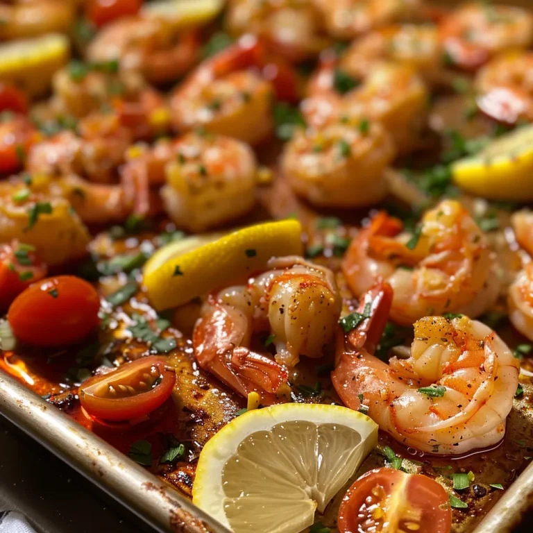 ['Juicy Old Bay sheet pan shrimp with corn and tomatoes on a white plate.', 'Close-up of seasoned shrimp, corn kernels, and cherry tomatoes on a baking sheet.', 'Vibrant old bay shrimp dish featuring fresh corn and bright red tomatoes.', 'Colorful assortment of shrimp, corn, and tomatoes garnished with chives and lemon.']