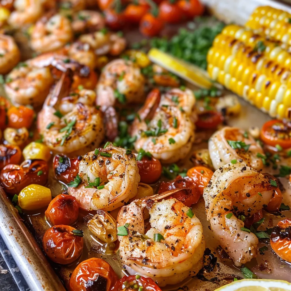 ['Juicy Old Bay sheet pan shrimp with corn and tomatoes on a white plate.', 'Close-up of seasoned shrimp, corn kernels, and cherry tomatoes on a baking sheet.', 'Vibrant old bay shrimp dish featuring fresh corn and bright red tomatoes.', 'Colorful assortment of shrimp, corn, and tomatoes garnished with chives and lemon.']