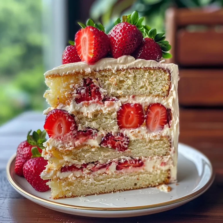 ['Close-up side view of a moist Strawberry Vanilla Cake with fresh strawberries on top.', 'A detailed shot of a decadent Strawberry Vanilla Cake, showcasing smooth frosting and vibrant strawberries.', 'Side angle view of a slice of Strawberry Vanilla Cake displaying layers of cream and strawberries.', 'Close-up of a beautifully decorated Strawberry Vanilla Cake with pink frosting and whole strawberries.']