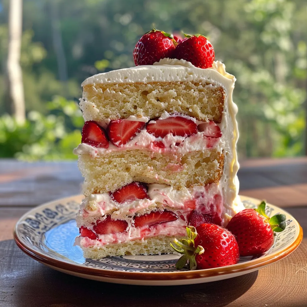 ['Close-up side view of a moist Strawberry Vanilla Cake with fresh strawberries on top.', 'A detailed shot of a decadent Strawberry Vanilla Cake, showcasing smooth frosting and vibrant strawberries.', 'Side angle view of a slice of Strawberry Vanilla Cake displaying layers of cream and strawberries.', 'Close-up of a beautifully decorated Strawberry Vanilla Cake with pink frosting and whole strawberries.']