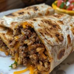 ['Close-up view of a Cheesy Beefy Burrito Delight packed with toppings and melted cheese.', 'Side angle photo of a stuffed burrito with ground beef, cheese, and fresh ingredients visible.', 'Juicy Cheesy Beefy Burrito with layers of rice, beef, and cheese peeking from a soft tortilla.', 'Vibrant image of a burrito filled with beef, cheese, and garnished with cilantro.']