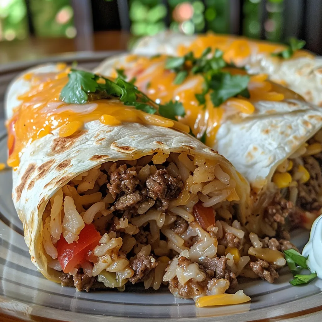 ['Close-up view of a Cheesy Beefy Burrito Delight packed with toppings and melted cheese.', 'Side angle photo of a stuffed burrito with ground beef, cheese, and fresh ingredients visible.', 'Juicy Cheesy Beefy Burrito with layers of rice, beef, and cheese peeking from a soft tortilla.', 'Vibrant image of a burrito filled with beef, cheese, and garnished with cilantro.']