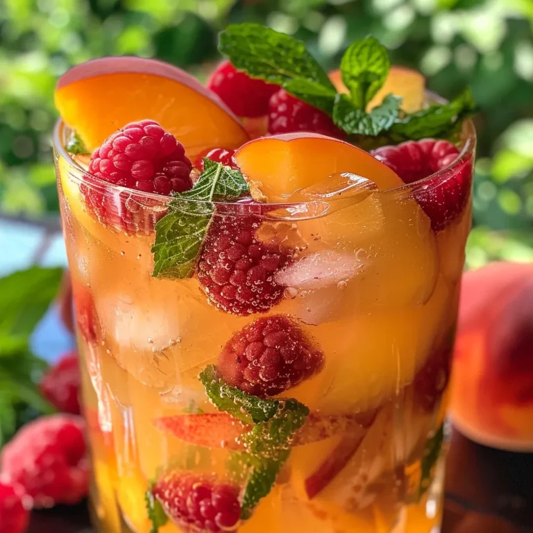 ['A close-up side view of a Raspberry Peach Lemonade Cooler with fresh fruit and ice.', 'Refreshing Raspberry Peach Lemonade Cooler in a glass, decorated with mint leaves and fruit slices.', 'A vibrant Raspberry Peach Lemonade Cooler featuring raspberries and peach slices in a glass.', 'A chilled drink with raspberries, peach slices, and mint leaves, showcasing refreshing lemonade.']