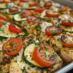 ['Close-up view of Mediterranean Chicken Bake featuring colorful ingredients.', 'Juicy Mediterranean Chicken Bake with chicken, zucchini, and cherry tomatoes.', 'Side view of a baked chicken dish showcasing layers of vibrant vegetables.', 'Delicious Mediterranean Chicken Bake styled with melted cheese and herbs.']