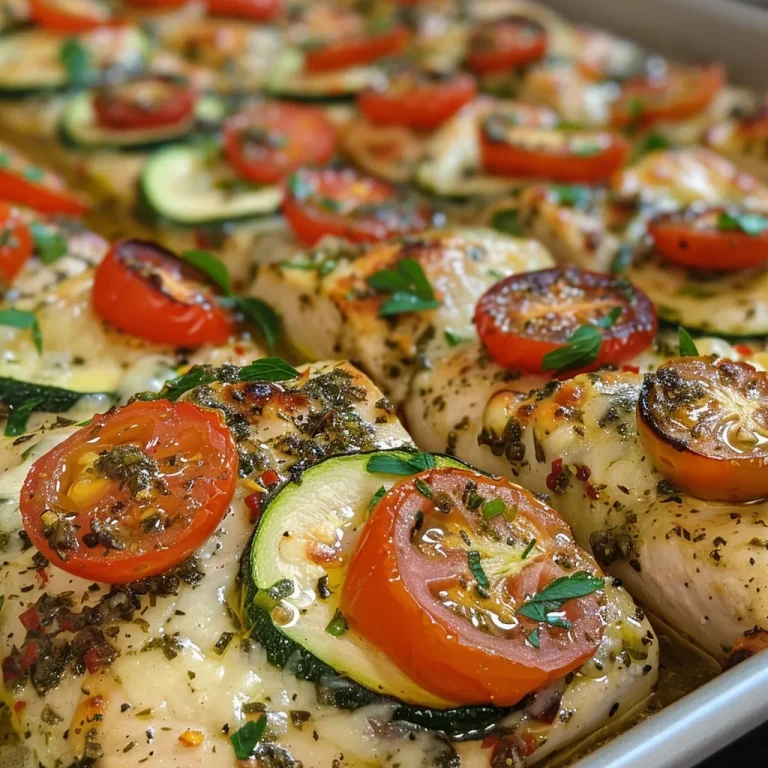 ['Close-up view of Mediterranean Chicken Bake featuring colorful ingredients.', 'Juicy Mediterranean Chicken Bake with chicken, zucchini, and cherry tomatoes.', 'Side view of a baked chicken dish showcasing layers of vibrant vegetables.', 'Delicious Mediterranean Chicken Bake styled with melted cheese and herbs.']