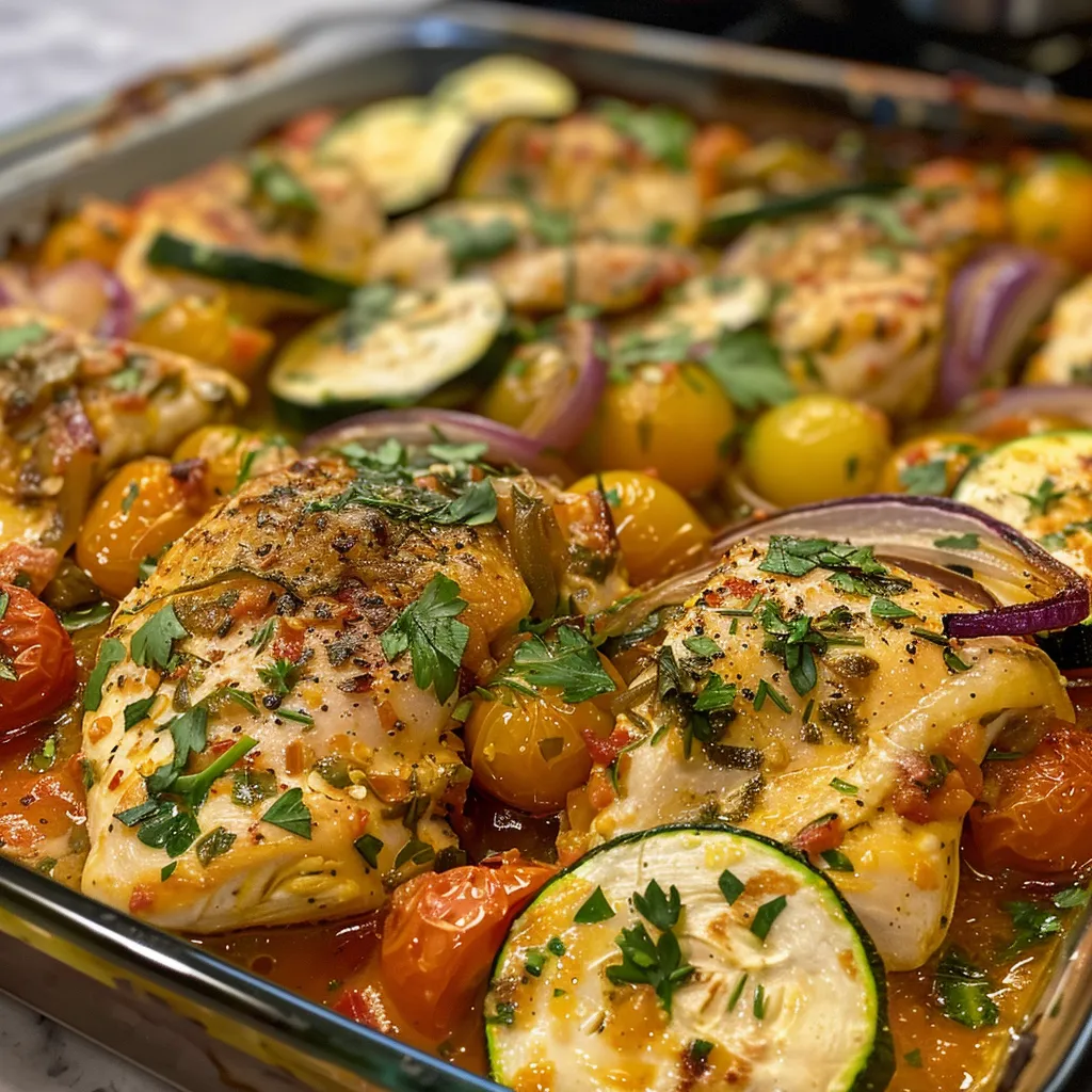 ['Close-up view of Mediterranean Chicken Bake featuring colorful ingredients.', 'Juicy Mediterranean Chicken Bake with chicken, zucchini, and cherry tomatoes.', 'Side view of a baked chicken dish showcasing layers of vibrant vegetables.', 'Delicious Mediterranean Chicken Bake styled with melted cheese and herbs.']
