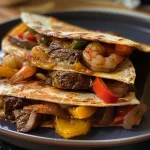 ['Juicy Creole Steak and Shrimp Quesadillas with colorful peppers and melted cheese.', 'Close-up of Creole Steak and Shrimp Quesadillas showcasing vibrant ingredients.', 'Side view of Quesadillas filled with steak, shrimp, and fresh vegetables.', 'Deliciously stacked Creole Quesadillas with shrimp and steak, garnished with peppers.']