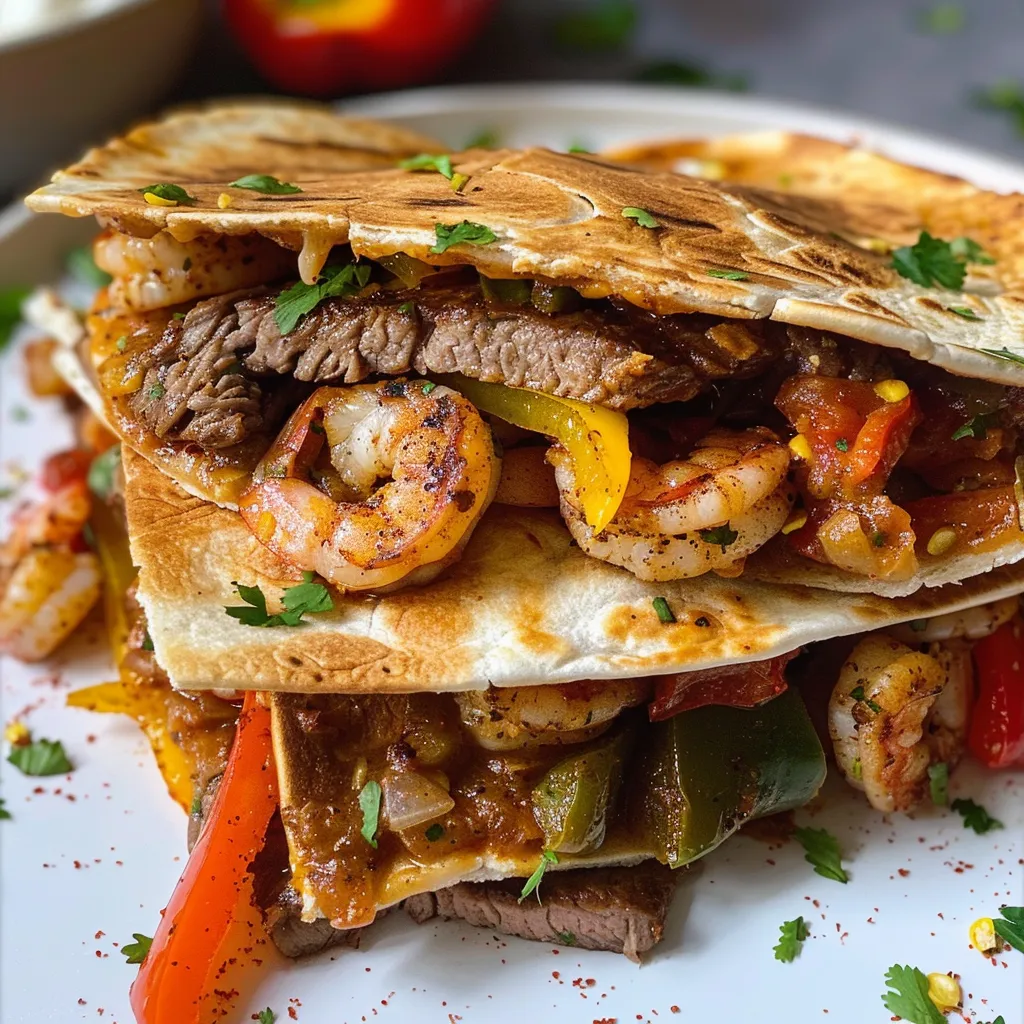 ['Juicy Creole Steak and Shrimp Quesadillas with colorful peppers and melted cheese.', 'Close-up of Creole Steak and Shrimp Quesadillas showcasing vibrant ingredients.', 'Side view of Quesadillas filled with steak, shrimp, and fresh vegetables.', 'Deliciously stacked Creole Quesadillas with shrimp and steak, garnished with peppers.']