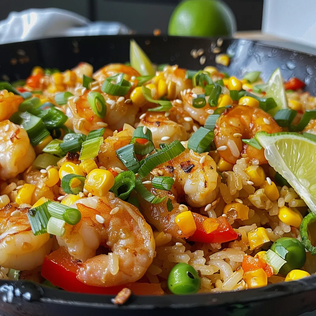 ['Close-up view of a Sweet Corn Shrimp & Rice Skillet with vibrant colors.', 'A delicious Sweet Corn Shrimp & Rice Skillet featuring shrimp, corn, and vibrant vegetables.', 'Side view of a skillet filled with Sweet Corn Shrimp & Rice, showcasing fresh ingredients.', 'Close-up image of juicy shrimp and sweet corn mixed with rice in a skillet.']