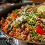 ['A close-up side view of a delicious Chili Rice Casserole topped with melted cheese and colorful ingredients.', 'Juicy Chili Rice Casserole in a baking dish, showcasing its vibrant red and yellow hues from peppers and cheese.', 'Hearty Chili Rice Casserole served in a bowl, featuring layers of rice, beans, and a variety of spices.', 'A side view of a cheesy Chili Rice Casserole, highlighting the fresh ingredients and texture of the dish.']