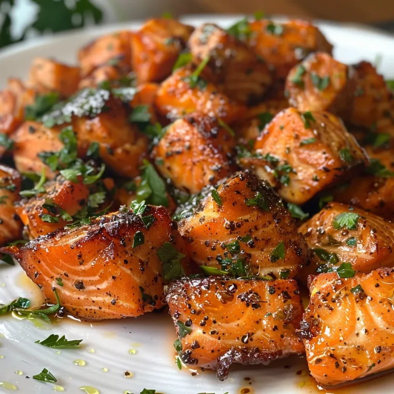 ['Close-up view of juicy Hot Honey Salmon Bites on a plate, garnished with chopped parsley.', 'Side view of succulent salmon cubes drizzled with hot honey, presented on a rustic wooden surface.', 'Appetizing Hot Honey Salmon Bites served on a white dish, showcasing their golden glaze and seasoning.', 'A mouthwatering arrangement of salmon bites with a glossy honey finish, displayed elegantly.']