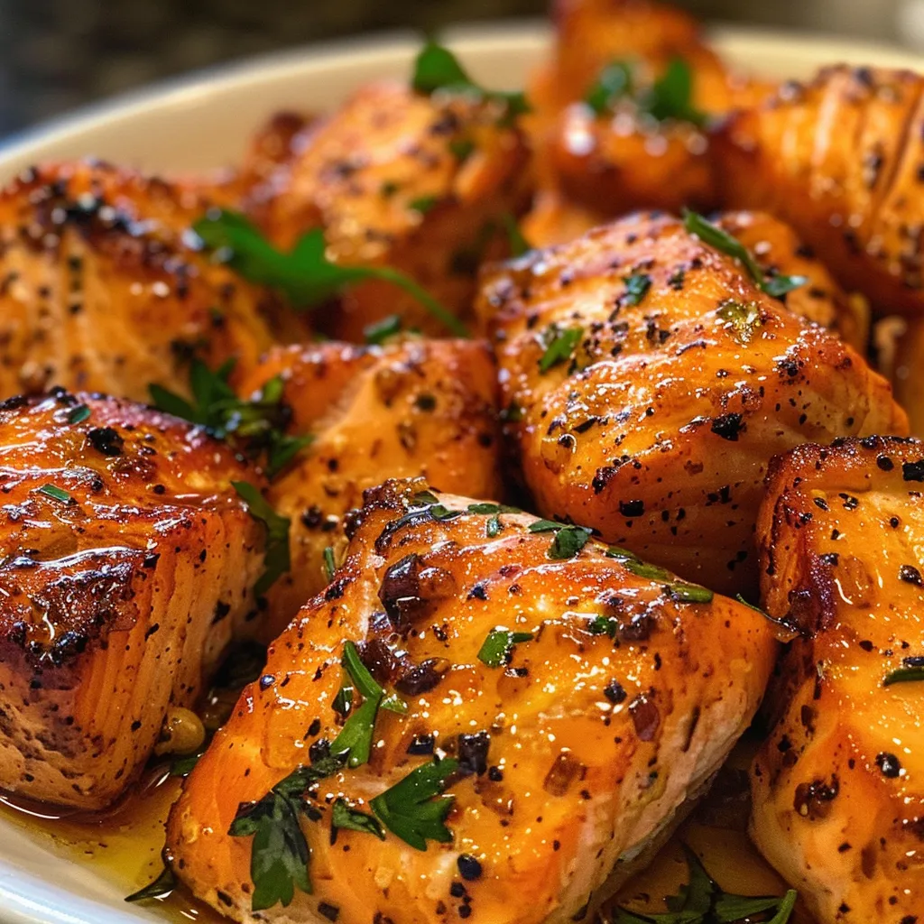 ['Close-up view of juicy Hot Honey Salmon Bites on a plate, garnished with chopped parsley.', 'Side view of succulent salmon cubes drizzled with hot honey, presented on a rustic wooden surface.', 'Appetizing Hot Honey Salmon Bites served on a white dish, showcasing their golden glaze and seasoning.', 'A mouthwatering arrangement of salmon bites with a glossy honey finish, displayed elegantly.']