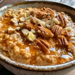 ['Close-up of a bowl of protein-packed pumpkin oatmeal topped with Greek yogurt and nuts.', 'Side view of a creamy pumpkin oatmeal with yogurt whipped cream and seeds garnishing.', 'Rich pumpkin oatmeal with a dollop of Greek yogurt and sprinkled walnuts on top.', 'Deliciously creamy pumpkin oatmeal in a bowl, showcasing fluffy yogurt and crunchy toppings.']