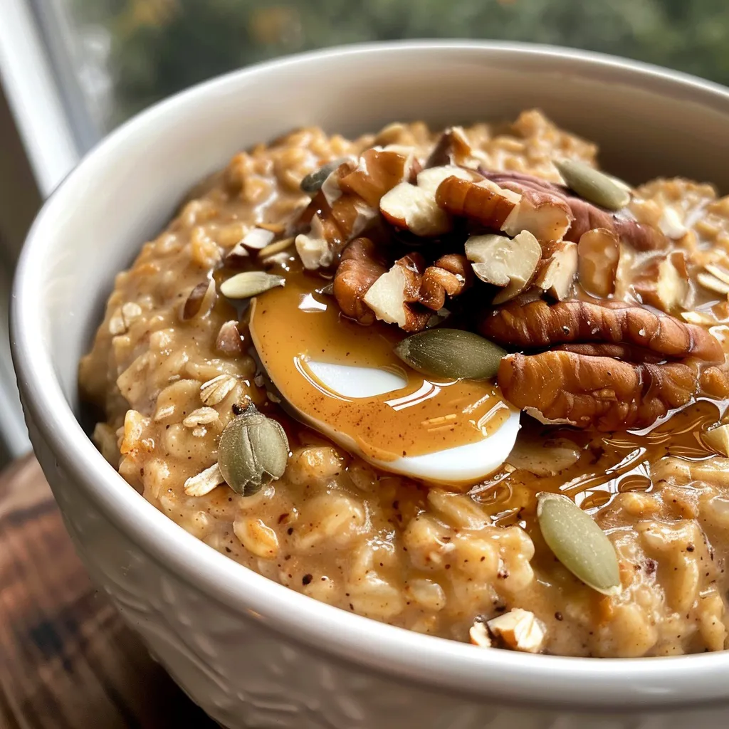 ['Close-up of a bowl of protein-packed pumpkin oatmeal topped with Greek yogurt and nuts.', 'Side view of a creamy pumpkin oatmeal with yogurt whipped cream and seeds garnishing.', 'Rich pumpkin oatmeal with a dollop of Greek yogurt and sprinkled walnuts on top.', 'Deliciously creamy pumpkin oatmeal in a bowl, showcasing fluffy yogurt and crunchy toppings.']