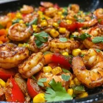 ['Juicy Cajun shrimp with colorful bell peppers and corn on a plate.', 'Close-up view of Cajun shrimp dish with vibrant vegetables and herbs.', 'Side view of sautéed shrimp with bell peppers and corn garnished with parsley.', 'Delicious Cajun shrimp mixture with fresh vegetables, ready to serve.']