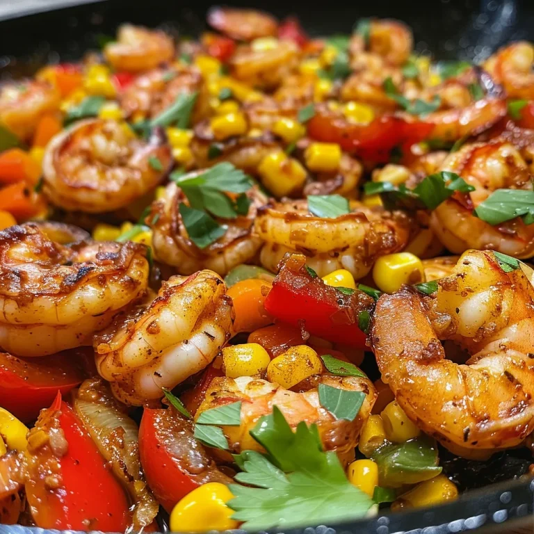 ['Juicy Cajun shrimp with colorful bell peppers and corn on a plate.', 'Close-up view of Cajun shrimp dish with vibrant vegetables and herbs.', 'Side view of sautéed shrimp with bell peppers and corn garnished with parsley.', 'Delicious Cajun shrimp mixture with fresh vegetables, ready to serve.']