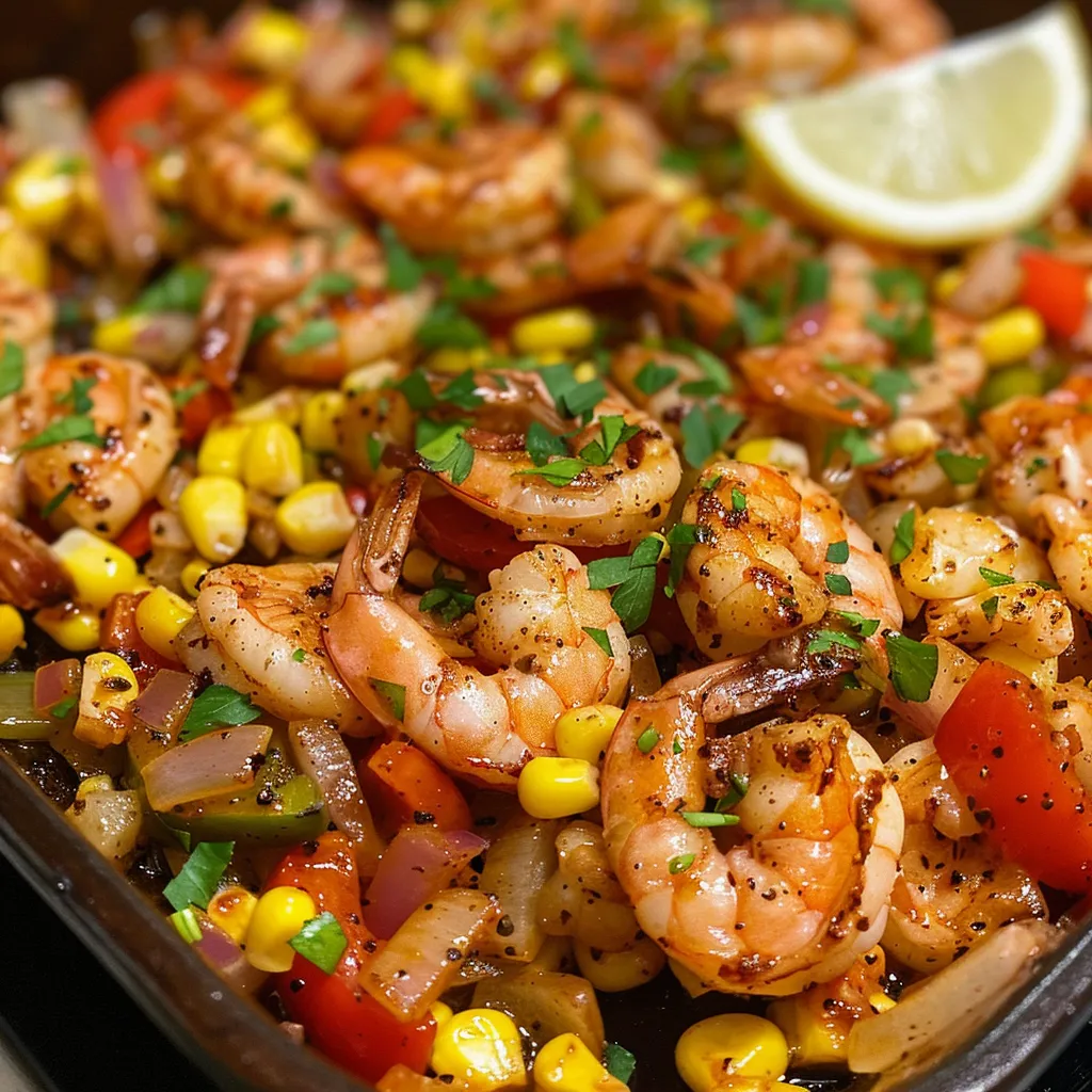 ['Juicy Cajun shrimp with colorful bell peppers and corn on a plate.', 'Close-up view of Cajun shrimp dish with vibrant vegetables and herbs.', 'Side view of sautéed shrimp with bell peppers and corn garnished with parsley.', 'Delicious Cajun shrimp mixture with fresh vegetables, ready to serve.']