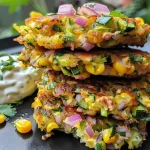 ['Close-up view of golden-brown zucchini corn fritters on a plate.', 'Side shot of crispy zucchini corn fritters garnished with herbs.', 'Juicy zucchini corn fritters with a dipping sauce in the background.', 'Freshly cooked zucchini corn fritters, showcasing their texture and color.']