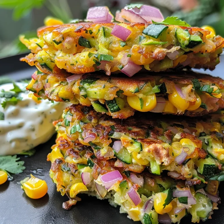 ['Close-up view of golden-brown zucchini corn fritters on a plate.', 'Side shot of crispy zucchini corn fritters garnished with herbs.', 'Juicy zucchini corn fritters with a dipping sauce in the background.', 'Freshly cooked zucchini corn fritters, showcasing their texture and color.']