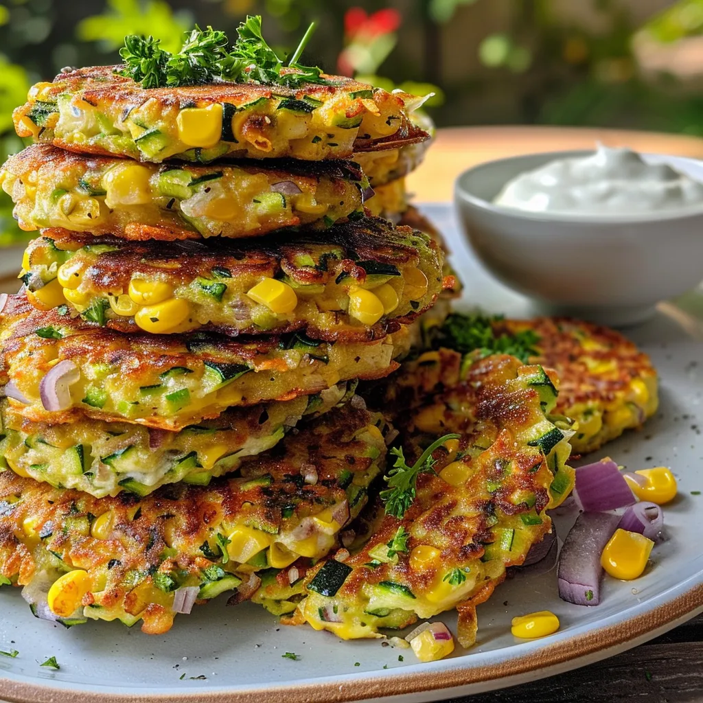 ['Close-up view of golden-brown zucchini corn fritters on a plate.', 'Side shot of crispy zucchini corn fritters garnished with herbs.', 'Juicy zucchini corn fritters with a dipping sauce in the background.', 'Freshly cooked zucchini corn fritters, showcasing their texture and color.']