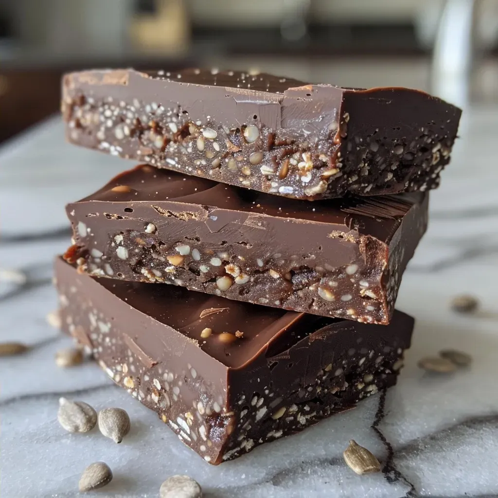['Close-up view of a vegan dark chocolate protein bar, showcasing its rich texture and chocolate pieces.', 'Side angle of a delicious vegan protein bar with dark chocolate and sunflower seed butter, featuring a glossy finish.', 'Detailed image of vegan dark chocolate protein bars, highlighting the layers of chocolate and seeds.', 'Close-up of a moist vegan protein bar with dark chocolate garnished with sunflower seeds.']