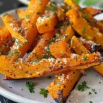 ['Close-up view of golden-brown butternut squash fries served in a bowl.', 'Juicy air fryer butternut squash fries garnished with parsley and parmesan cheese.', 'Side view of crispy butternut squash fries on a white plate, seasoned and ready to eat.', 'Freshly made butternut squash fries presented artistically with herbs and cheese.']