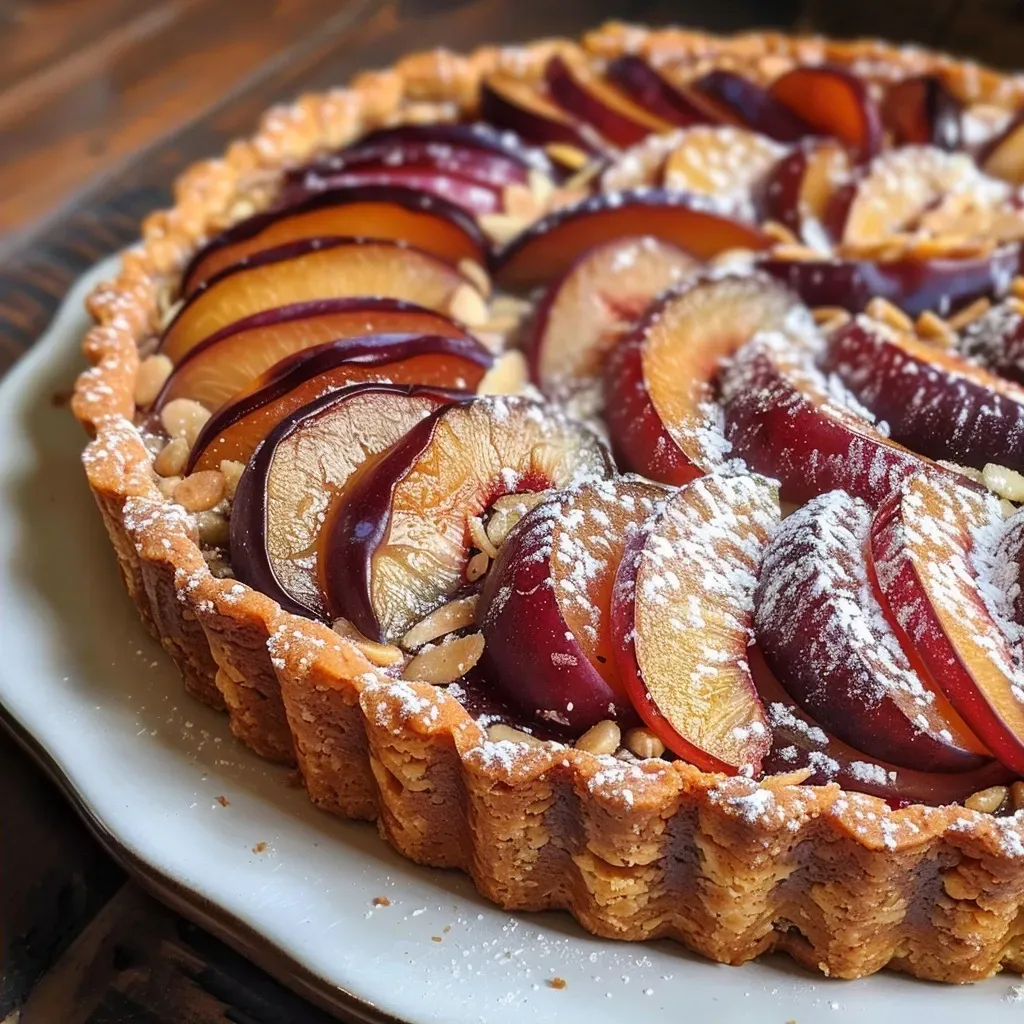 ['A close-up side view of a sliced Almond Plum Tart on a white plate, showcasing the rich filling and crisp pastry.', 'An iPhone 15 Pro image displaying a delicious Almond Plum Tart with golden pastry and vibrant plum slices.', 'A detailed view of a juicy Almond Plum Tart featuring a flaky crust and almond cream filling, garnished with plums.', 'Side perspective of a rustic Almond Plum Tart, highlighting the texture of the pastry and the glossy fruit topping.']
