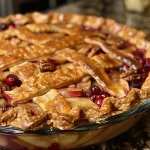 ['A close-up view of a baked apple cranberry pie topped with a golden crumb topping and walnuts.', 'A slice of apple cranberry pie with a crumb topping, showcasing juicy apple and cranberry filling.', 'Side view of a homemade apple cranberry pie, highlighting a crunchy walnut and oat crumb topping.', 'Freshly baked apple cranberry pie with walnuts, featuring a flaky crust and colorful fruit filling.']