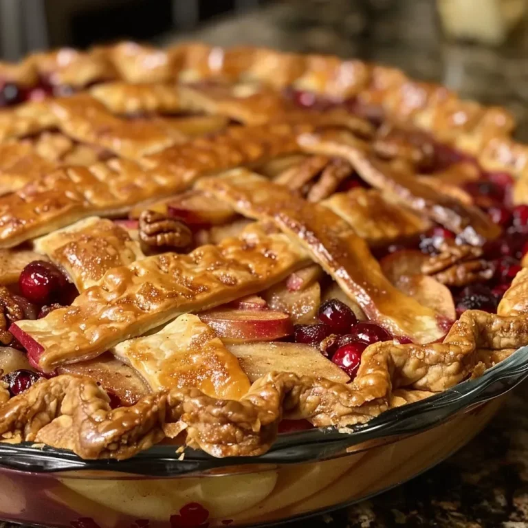 ['A close-up view of a baked apple cranberry pie topped with a golden crumb topping and walnuts.', 'A slice of apple cranberry pie with a crumb topping, showcasing juicy apple and cranberry filling.', 'Side view of a homemade apple cranberry pie, highlighting a crunchy walnut and oat crumb topping.', 'Freshly baked apple cranberry pie with walnuts, featuring a flaky crust and colorful fruit filling.']