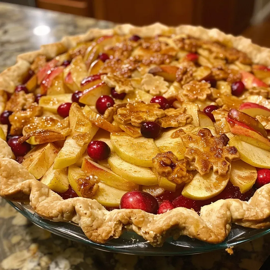['A close-up view of a baked apple cranberry pie topped with a golden crumb topping and walnuts.', 'A slice of apple cranberry pie with a crumb topping, showcasing juicy apple and cranberry filling.', 'Side view of a homemade apple cranberry pie, highlighting a crunchy walnut and oat crumb topping.', 'Freshly baked apple cranberry pie with walnuts, featuring a flaky crust and colorful fruit filling.']