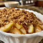 ['Close-up of baked apple crisp topped with brown sugar oat crumble.', 'Side view of a warm apple crisp with a golden brown oat topping.', 'Juicy sliced apples beneath a crunchy layer of brown sugar crumble.', 'Delicious apple crisp with a rich brown sugar and oat topping, shown from the side.']