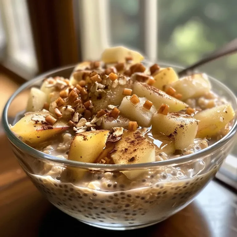 ['Close-up of Apple Pie Overnight Oats in a jar, topped with apple cubes and cinnamon.', 'Side view of creamy overnight oats with apple slices and a sprinkle of cinnamon on top.', 'Jar of Apple Pie Overnight Oats showcasing layers of oats, yogurt, and diced apples.', 'Visually appealing Apple Pie Overnight Oats served in a glass container, decorated with apple pieces.']