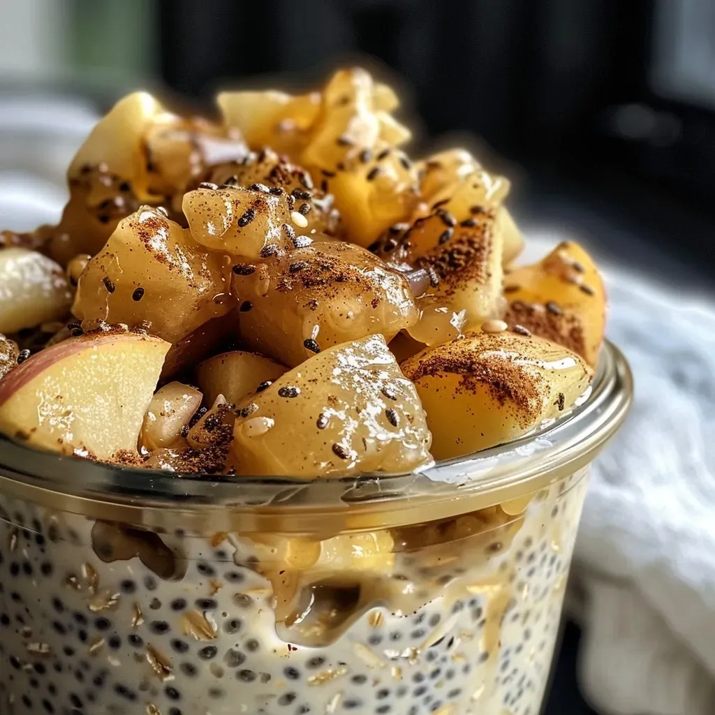 ['Close-up of Apple Pie Overnight Oats in a jar, topped with apple cubes and cinnamon.', 'Side view of creamy overnight oats with apple slices and a sprinkle of cinnamon on top.', 'Jar of Apple Pie Overnight Oats showcasing layers of oats, yogurt, and diced apples.', 'Visually appealing Apple Pie Overnight Oats served in a glass container, decorated with apple pieces.']