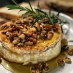 ['Close-up of a baked Brie topped with honey and mixed nuts.', 'Side view of gooey baked Brie garnished with nuts and honey.', 'Juicy baked Brie with a drizzle of honey and chopped nuts.', 'Melted Brie cheese served with honey, nuts, and optional garnishes.']