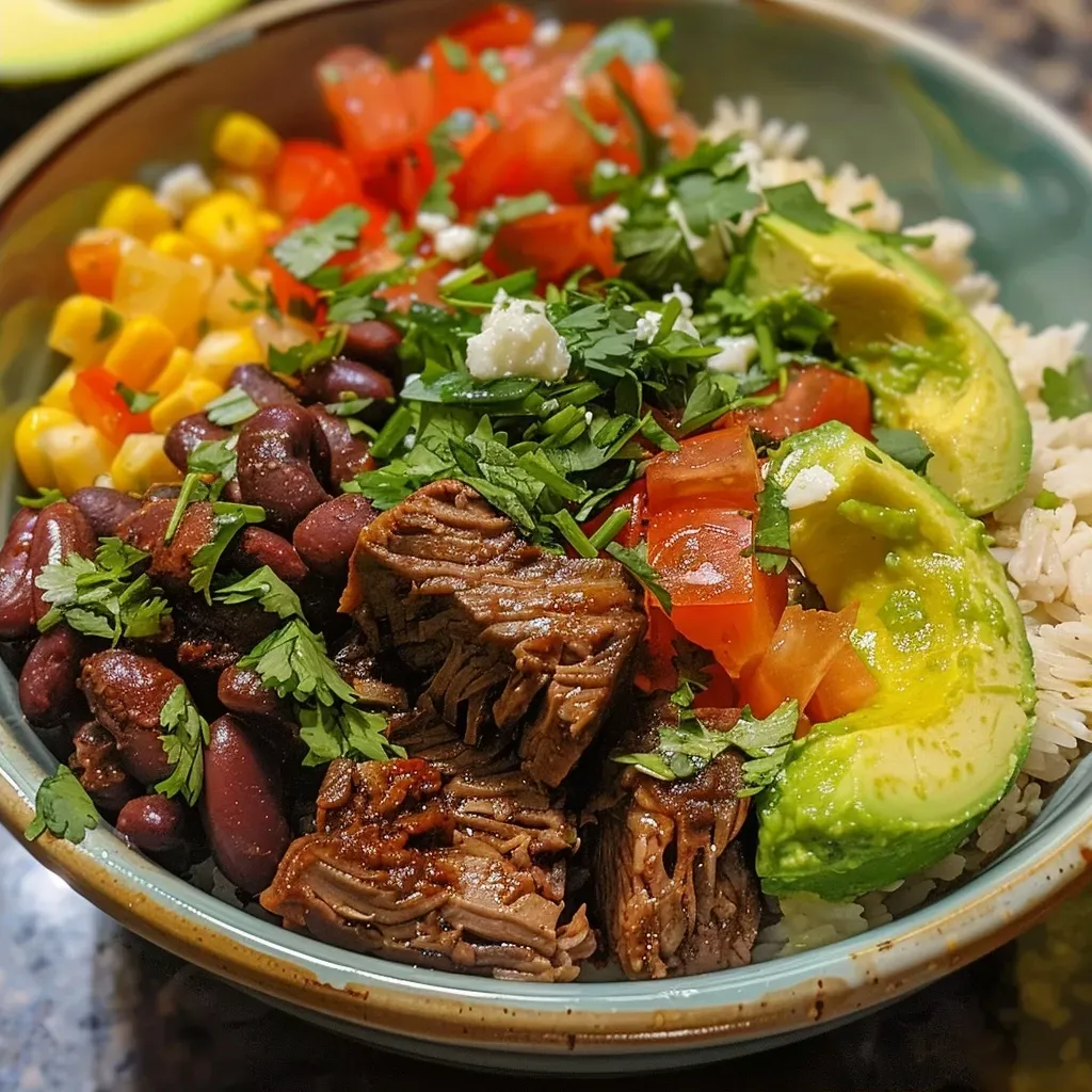 ['A close-up side view of a juicy Barbacoa Beef Rice Bowl with colorful toppings.', 'A savory Barbacoa Beef Rice Bowl, showcasing tender beef, rice, and fresh toppings.', 'A vibrant rice bowl filled with barbacoa beef, avocado, and pico de gallo, viewed from the side.', 'A detailed side view of a Barbacoa Beef Rice Bowl with an array of fresh ingredients.']
