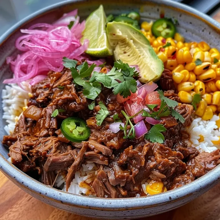 ['Close-up view of a Beef Barbacoa Bowl with rice, avocado, corn, and garnishes.', 'Juicy Beef Barbacoa Bowl featuring sliced avocado, sweet corn, and pickled onions.', 'Side view of a colorful Beef Barbacoa Bowl topped with jalapeño and cilantro.', 'Delicious Beef Barbacoa Bowl with lime wedges, showcasing fresh ingredients.']